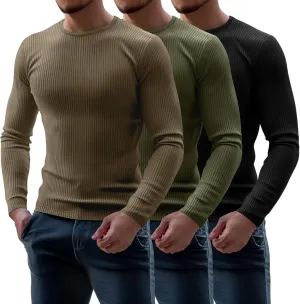 Riyiper 3 Pack Men's Ribbed Thermal Shirts Crew Neck Long Sleeve Tops Winter Stretchy Slim Basic Undershirt