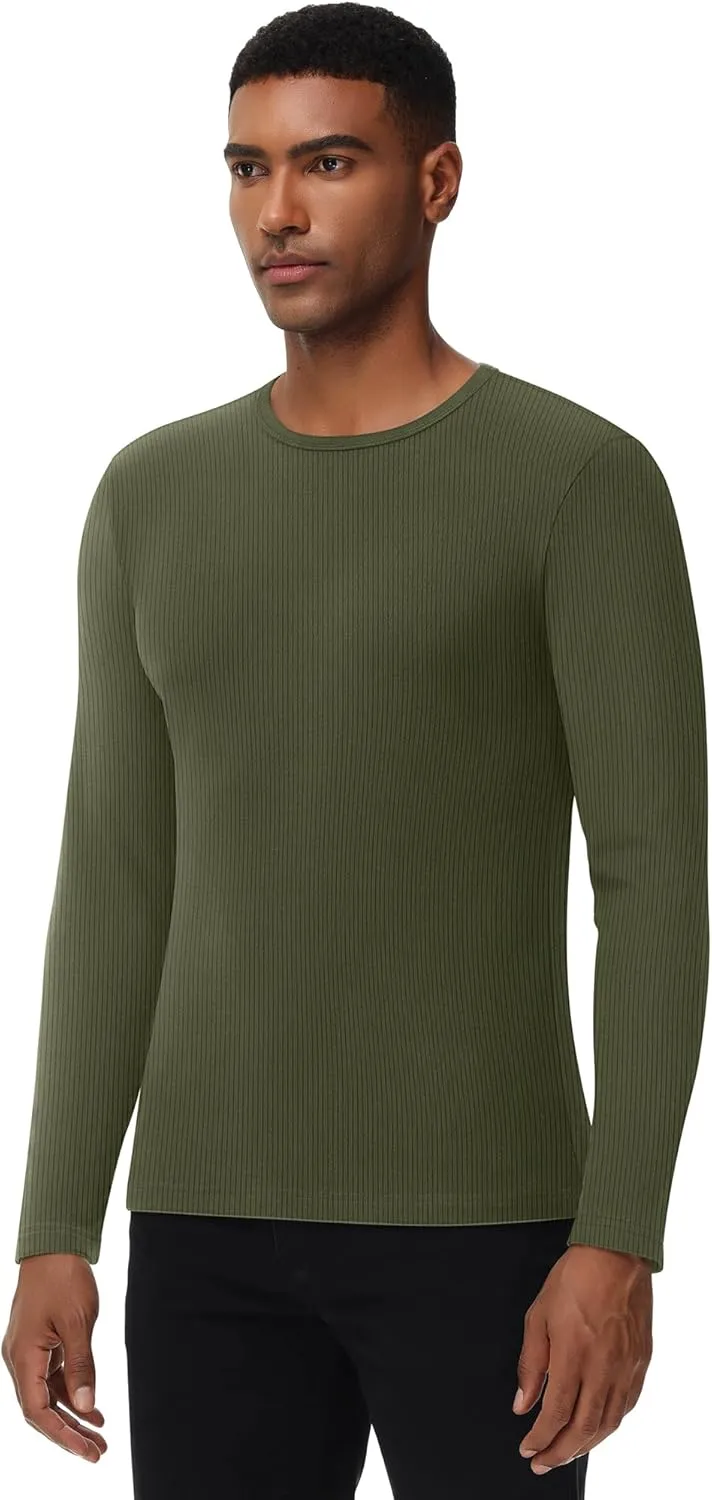 Riyiper 3 Pack Men's Ribbed Thermal Shirts Crew Neck Long Sleeve Tops Winter Stretchy Slim Basic Undershirt