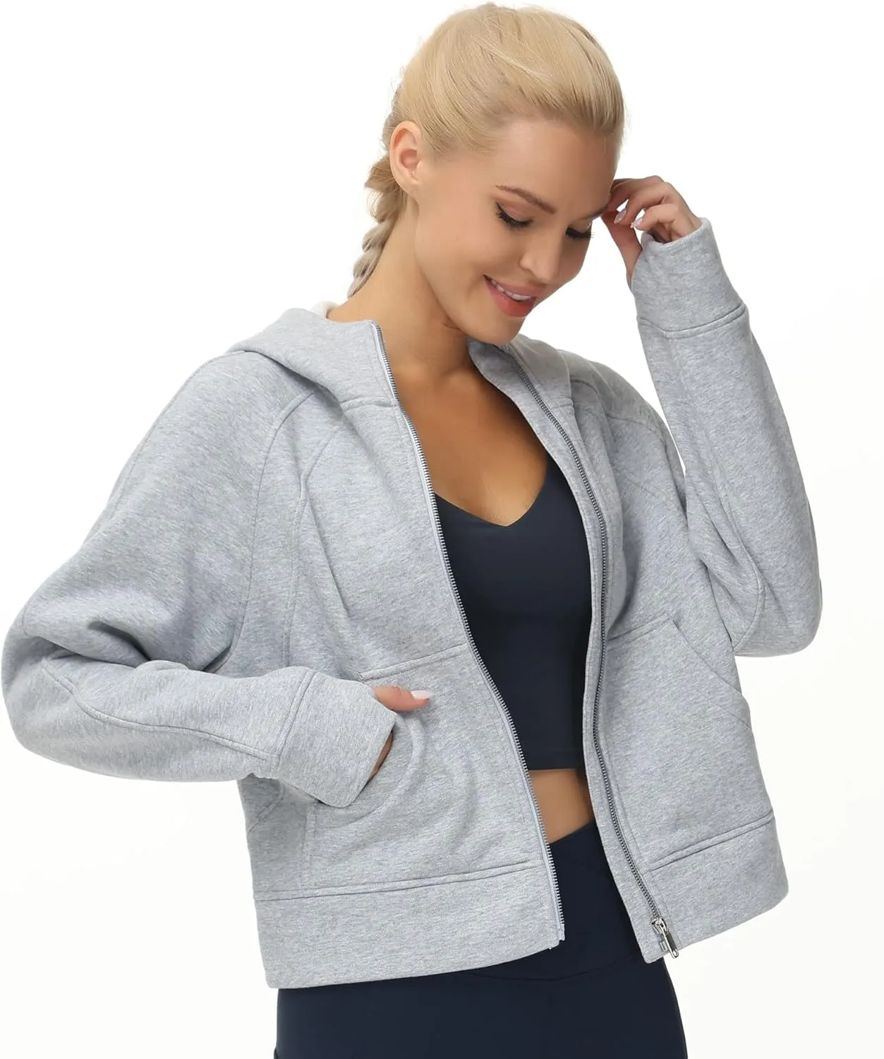 THE GYM PEOPLE Women's Full-Zip Up Hoodies Jacket Fleece Workout Crop Tops Sweatshirts with Pockets Thumb Hole