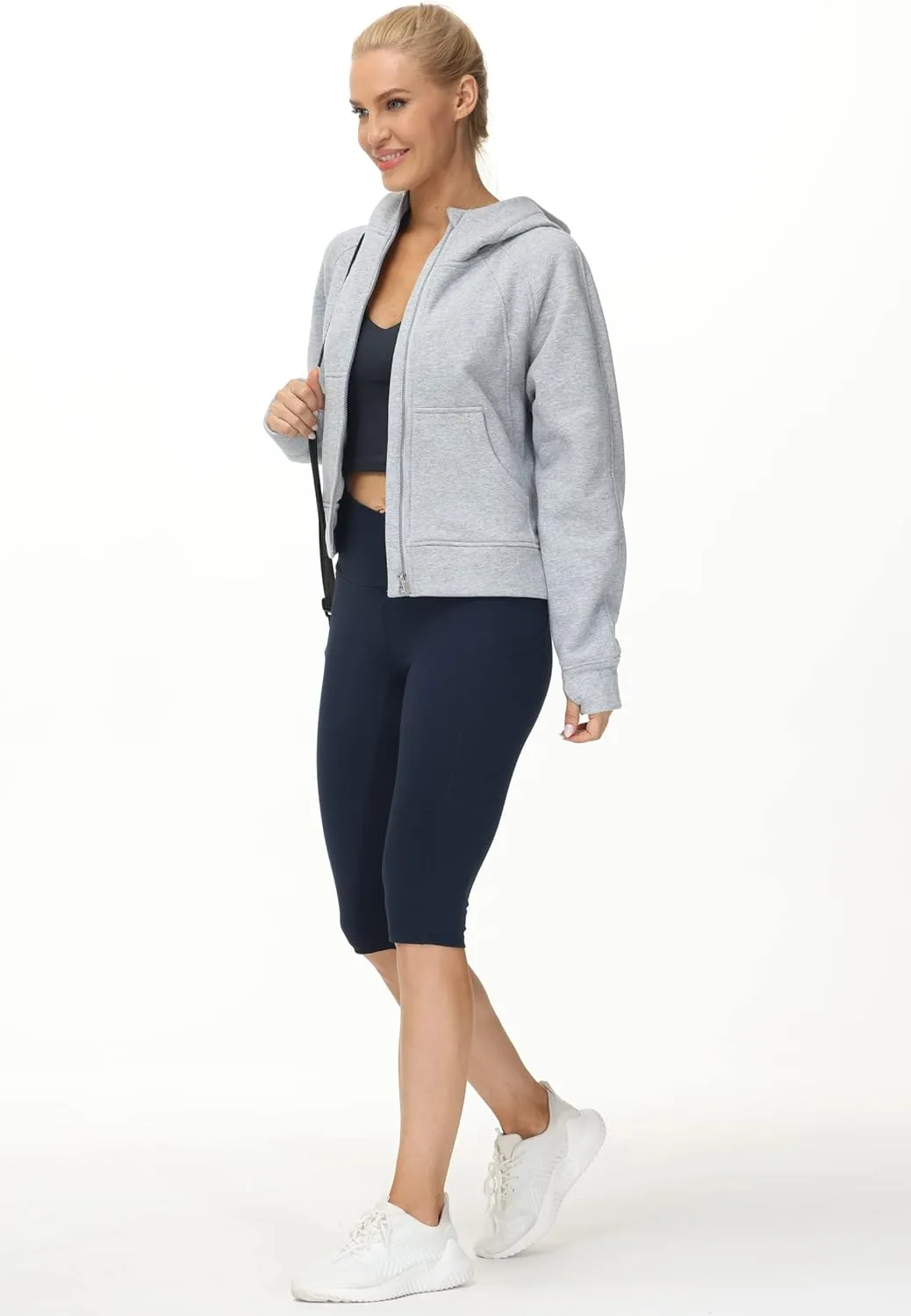 THE GYM PEOPLE Women's Full-Zip Up Hoodies Jacket Fleece Workout Crop Tops Sweatshirts with Pockets Thumb Hole