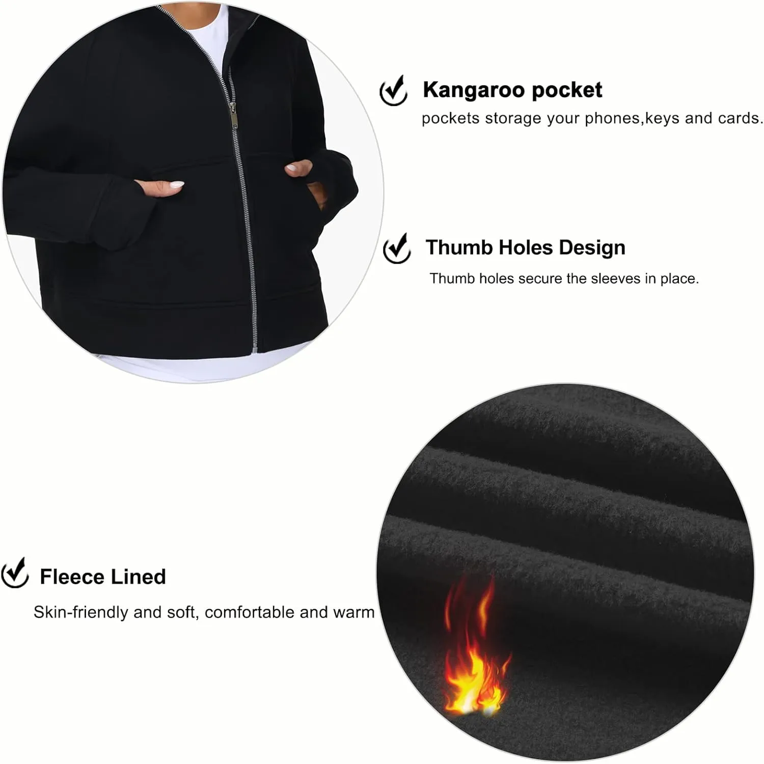 THE GYM PEOPLE Women's Full-Zip Up Hoodies Jacket Fleece Workout Crop Tops Sweatshirts with Pockets Thumb Hole