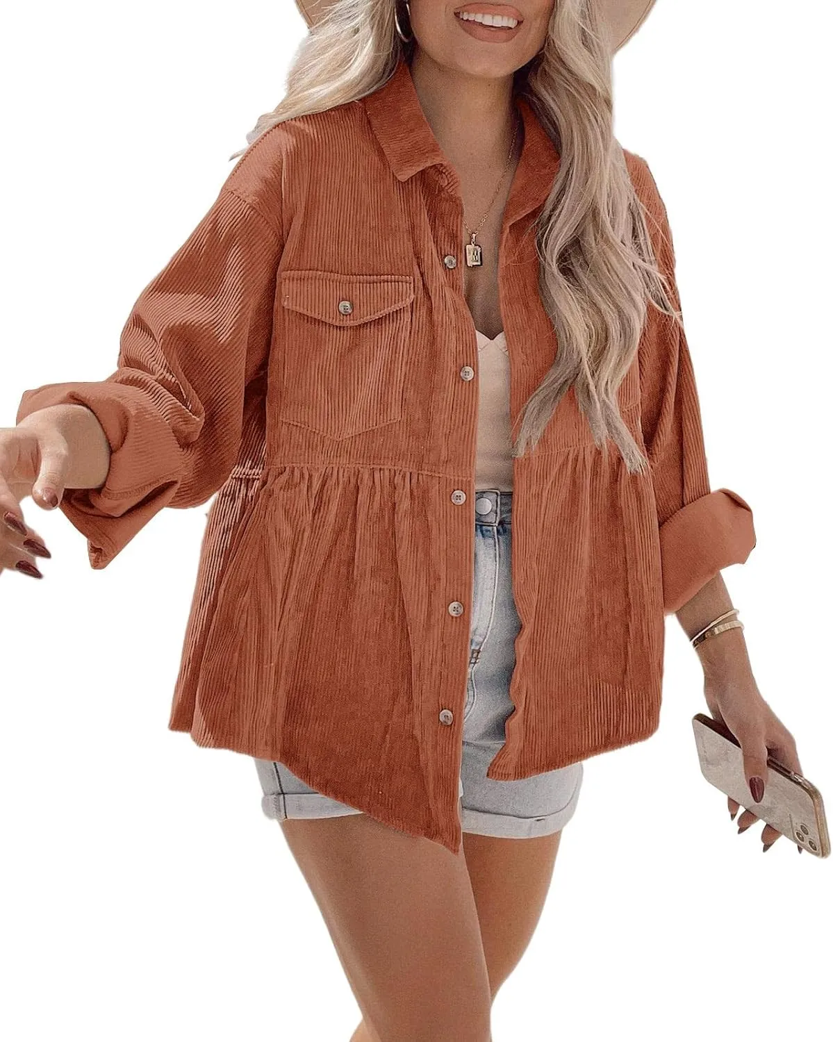 Tutorutor Womens Corduroy Shirts Casual Long Sleeve Button Down Blouses Tunic Babydoll Dress Loose Pocket Jacket Shackets