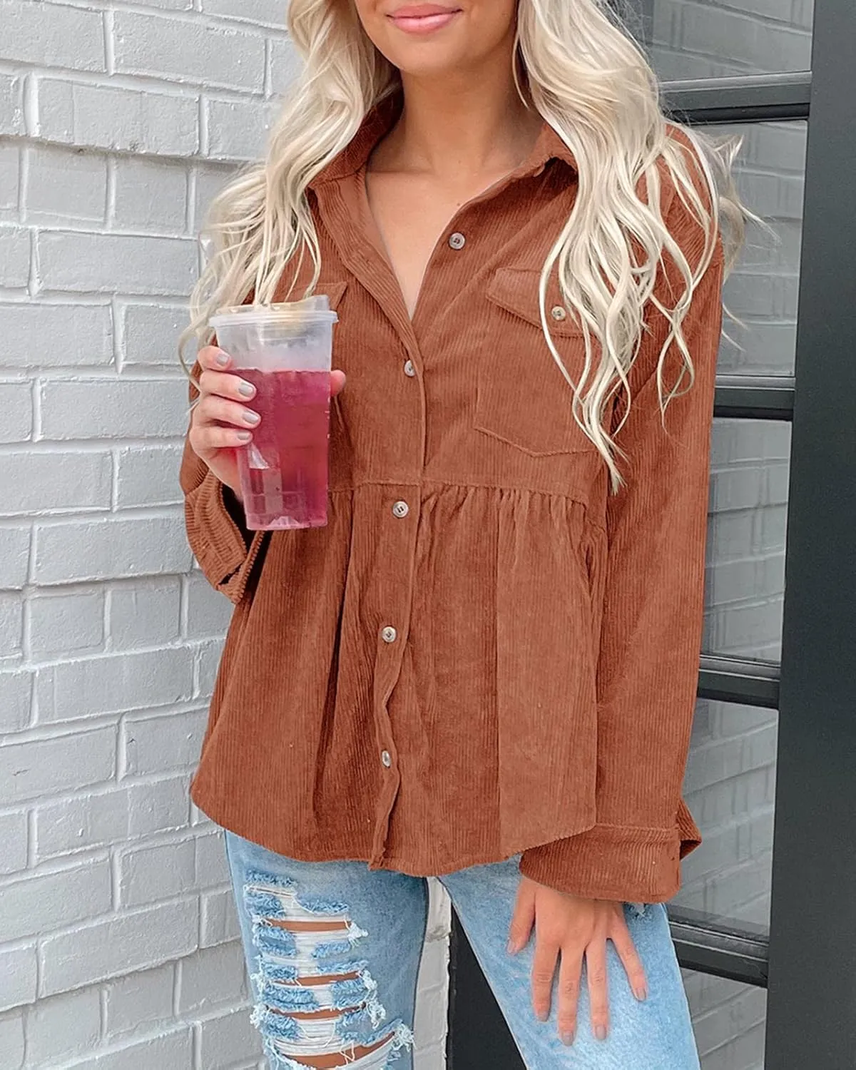 Tutorutor Womens Corduroy Shirts Casual Long Sleeve Button Down Blouses Tunic Babydoll Dress Loose Pocket Jacket Shackets