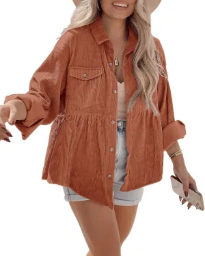 Tutorutor Womens Corduroy Shirts Casual Long Sleeve Button Down Blouses Tunic Babydoll Dress Loose Pocket Jacket Shackets