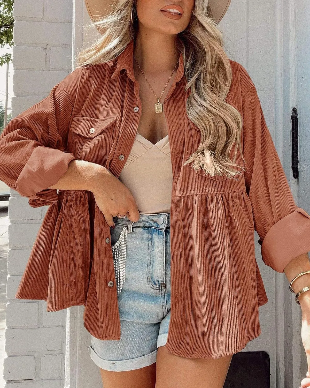 Tutorutor Womens Corduroy Shirts Casual Long Sleeve Button Down Blouses Tunic Babydoll Dress Loose Pocket Jacket Shackets