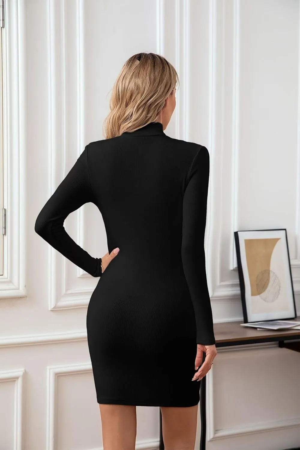 VICHYIE Women Mock Neck Ribbed Bodycon Dress Long Sleeve Mini Pencil Dresses