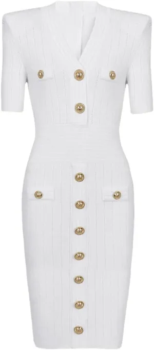 Vsadsau Women's Knitted Dress Stretch Short Sleeve V-Neck Solid Color Buttons Slim Midi Dresses