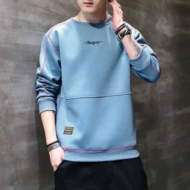 Wiaofellas  -  Fashion O-Neck Spliced All-match Embroidery Letter T-Shirt Men Clothing Autumn New Loose Casual Pullovers Korean Tee Shirt