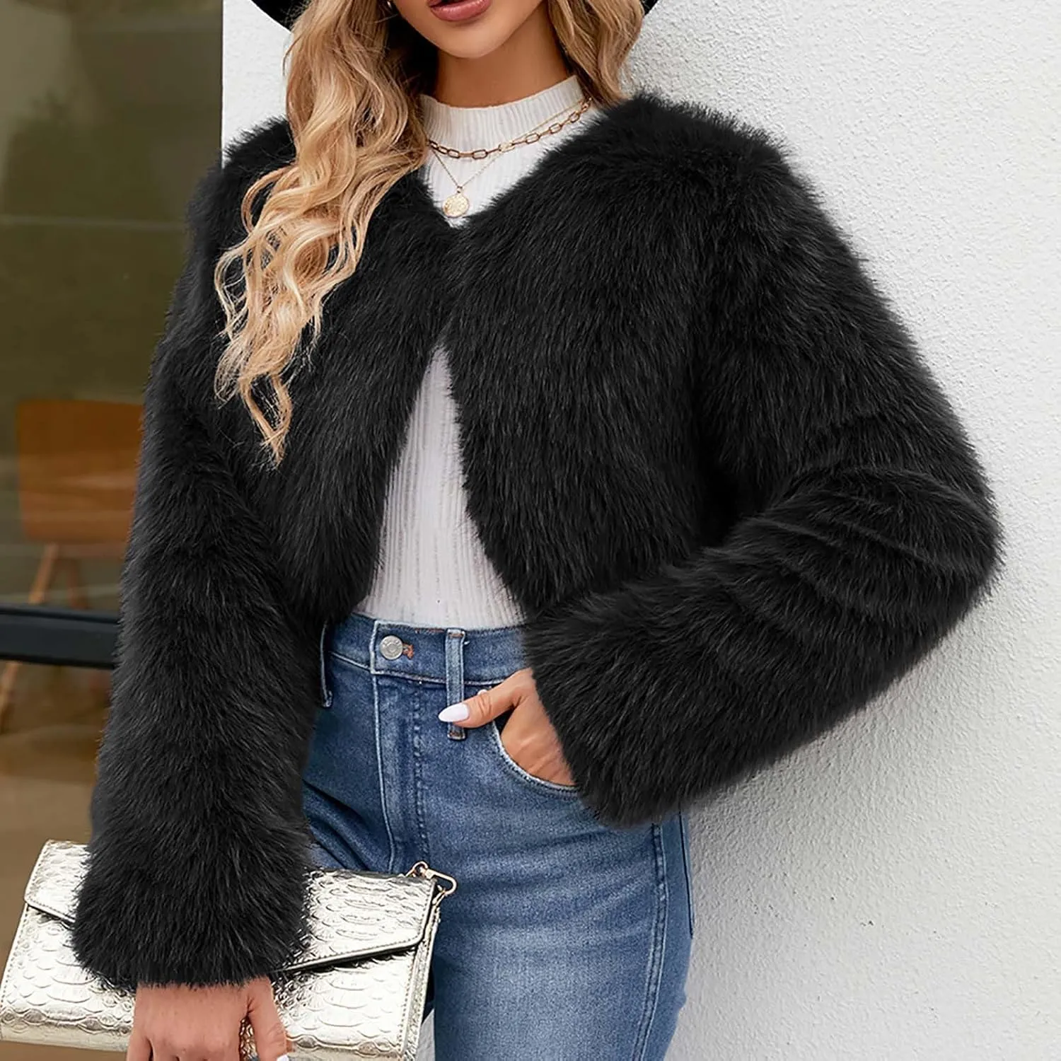 Winter Coats for Women 2023 Trendy Faux Fur Shaggy Jacket Cropped Long Sleeve Tops Open Front Coat Cardigan Outerwear