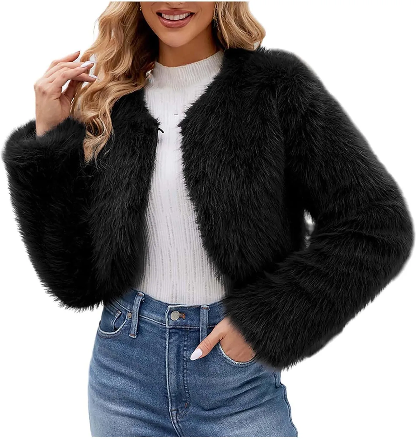 Winter Coats for Women 2023 Trendy Faux Fur Shaggy Jacket Cropped Long Sleeve Tops Open Front Coat Cardigan Outerwear