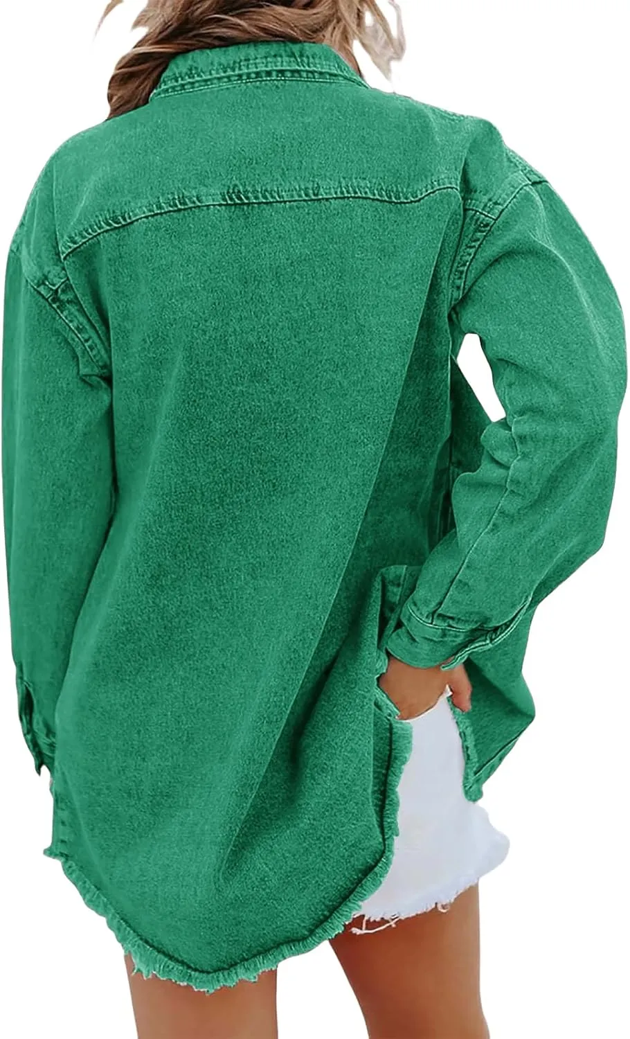 Womens Denim Jacket Oversized Button Down Frayed Hem Shacket Long Sleeve Lapel Shirt Casual Boyfriend Jacket