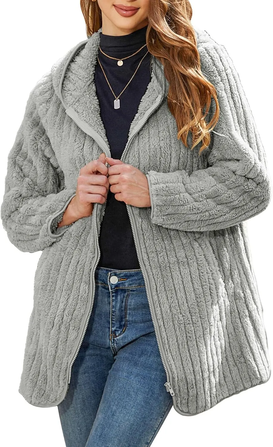 Womens Fleece Jacket Hooded Winter Warm Full Zip Long Sleeve Sherpa Jacket Coat Outerwear with Hood (S-5XL)