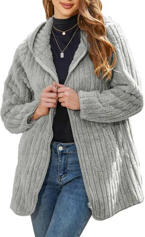 Womens Fleece Jacket Hooded Winter Warm Full Zip Long Sleeve Sherpa Jacket Coat Outerwear with Hood (S-5XL)