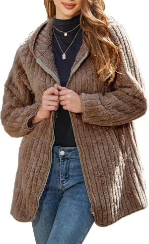 Womens Fleece Jacket Hooded Winter Warm Full Zip Long Sleeve Sherpa Jacket Coat Outerwear with Hood (S-5XL)