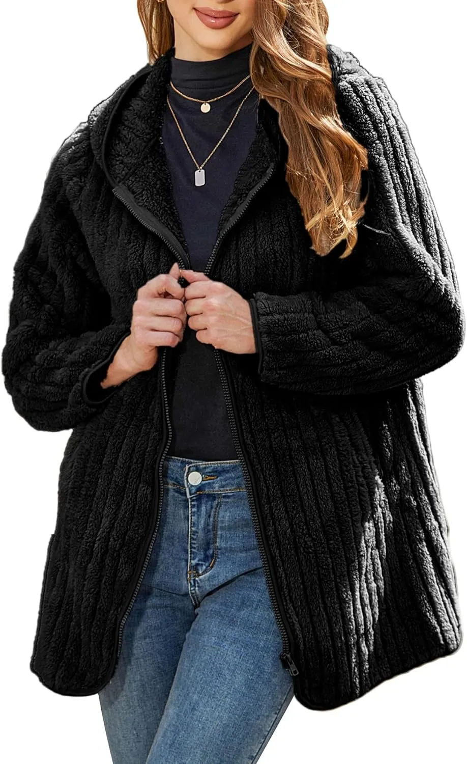 Womens Fleece Jacket Hooded Winter Warm Full Zip Long Sleeve Sherpa Jacket Coat Outerwear with Hood (S-5XL)