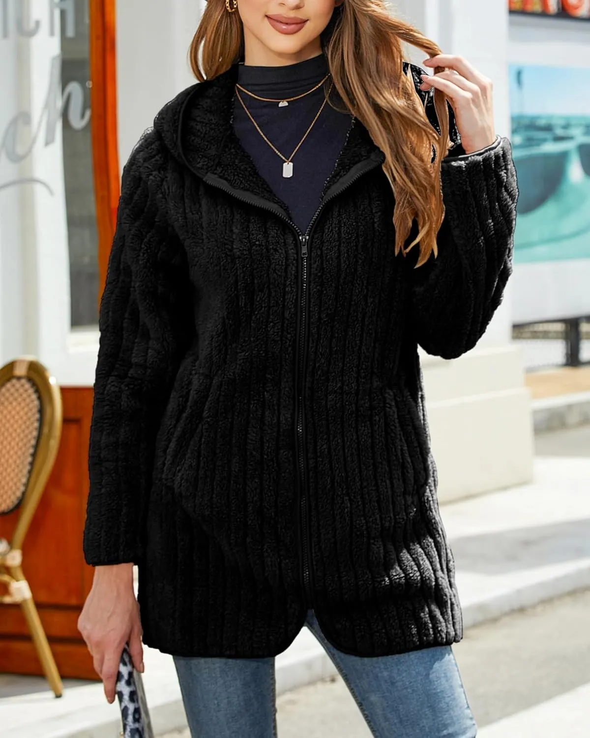 Womens Fleece Jacket Hooded Winter Warm Full Zip Long Sleeve Sherpa Jacket Coat Outerwear with Hood (S-5XL)