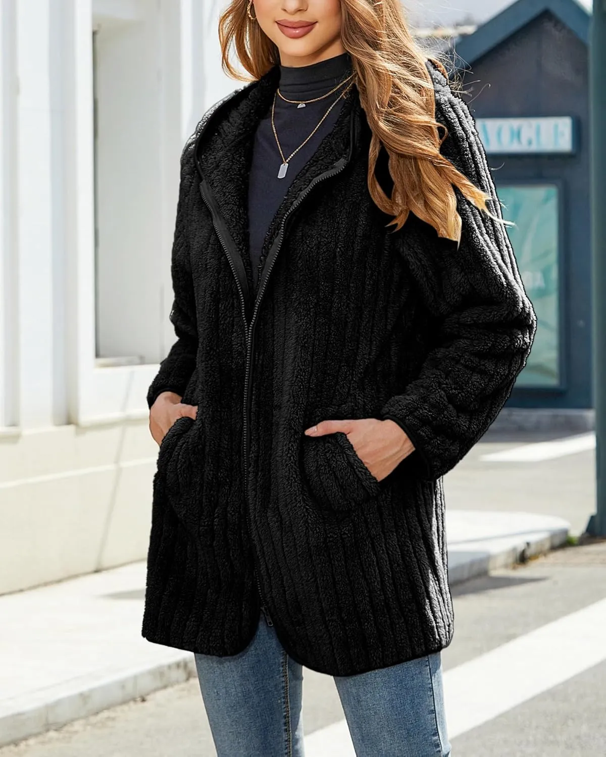 Womens Fleece Jacket Hooded Winter Warm Full Zip Long Sleeve Sherpa Jacket Coat Outerwear with Hood (S-5XL)