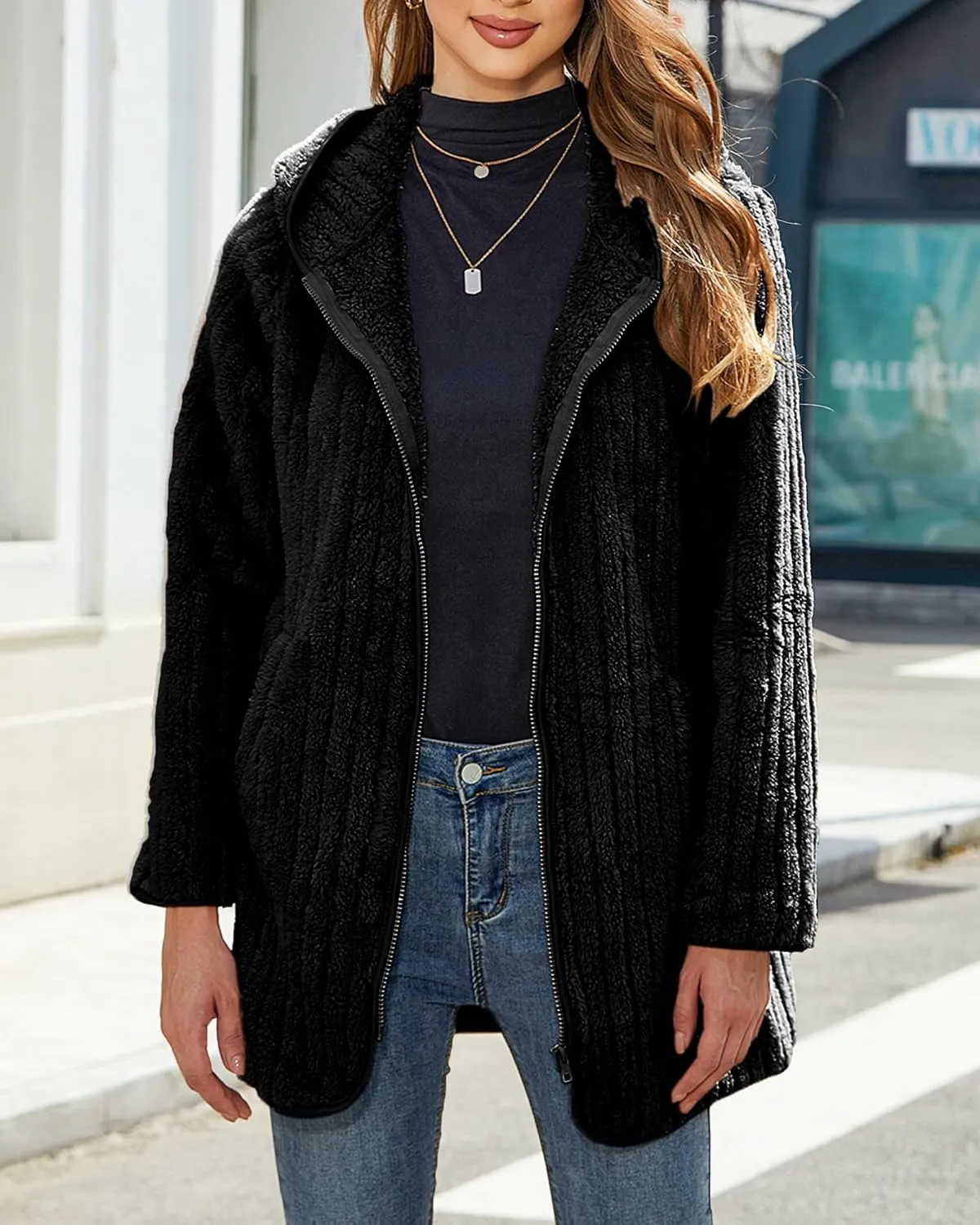 Womens Fleece Jacket Hooded Winter Warm Full Zip Long Sleeve Sherpa Jacket Coat Outerwear with Hood (S-5XL)