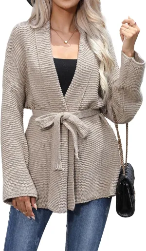 Womens Open Front Cardigan Long Sleeve Shrugs Loose Casual Solid Belted Knit Draped Sweater Outwear