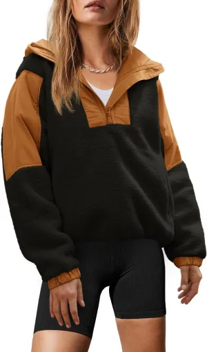 Yanekop Womens Fuzzy Fleece Hoodie Sherpa Sweatshirt Quarter Zip Pullover Long Sleeve Outerwear with Pockets