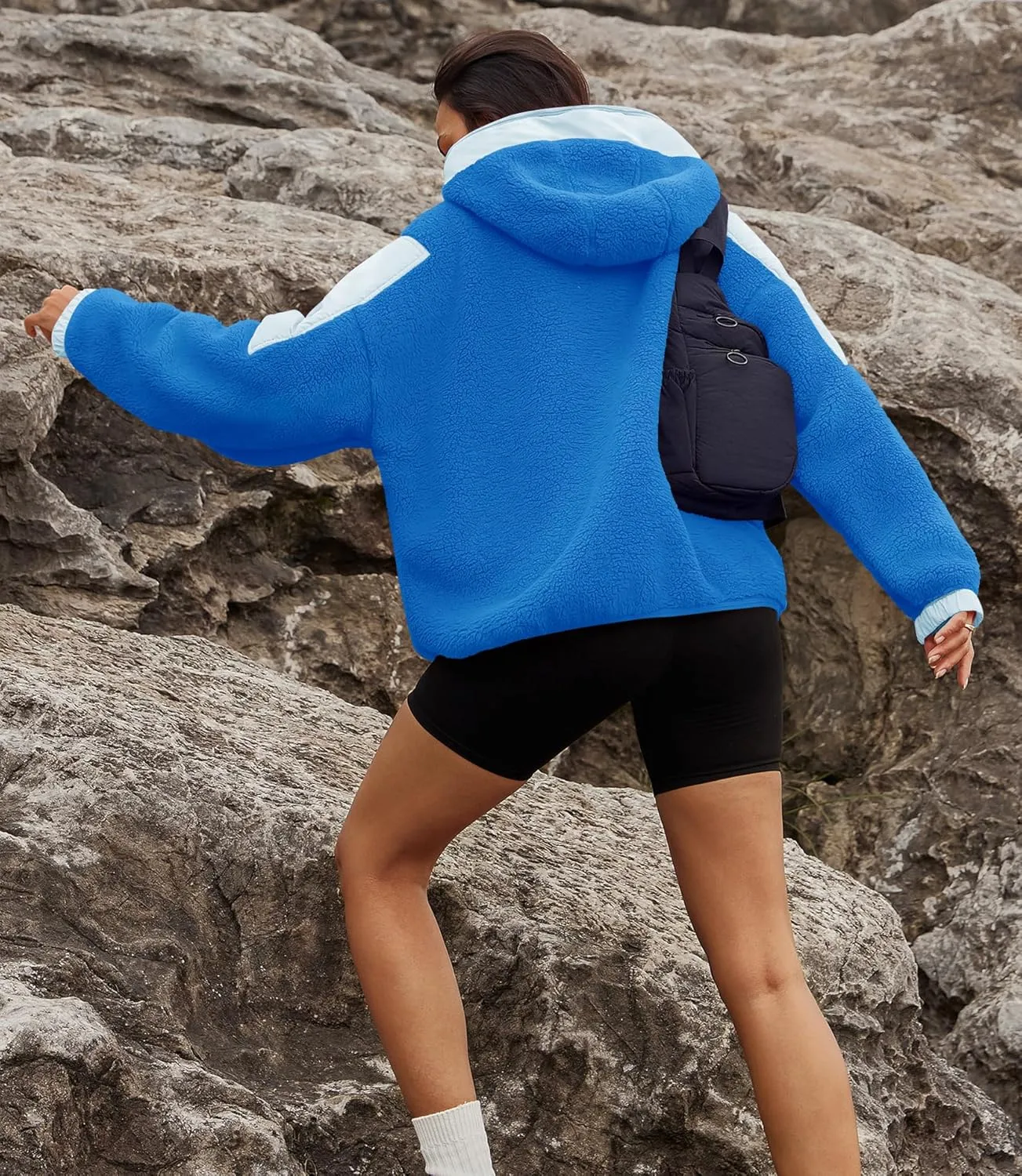 Yanekop Womens Fuzzy Fleece Hoodie Sherpa Sweatshirt Quarter Zip Pullover Long Sleeve Outerwear with Pockets