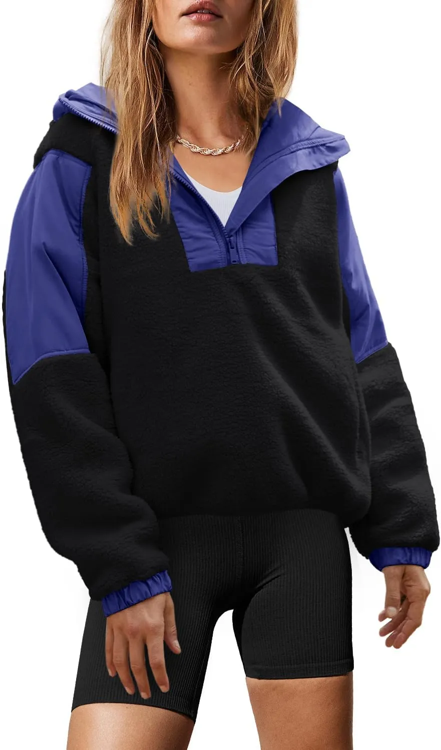 Yanekop Womens Fuzzy Fleece Hoodie Sherpa Sweatshirt Quarter Zip Pullover Long Sleeve Outerwear with Pockets