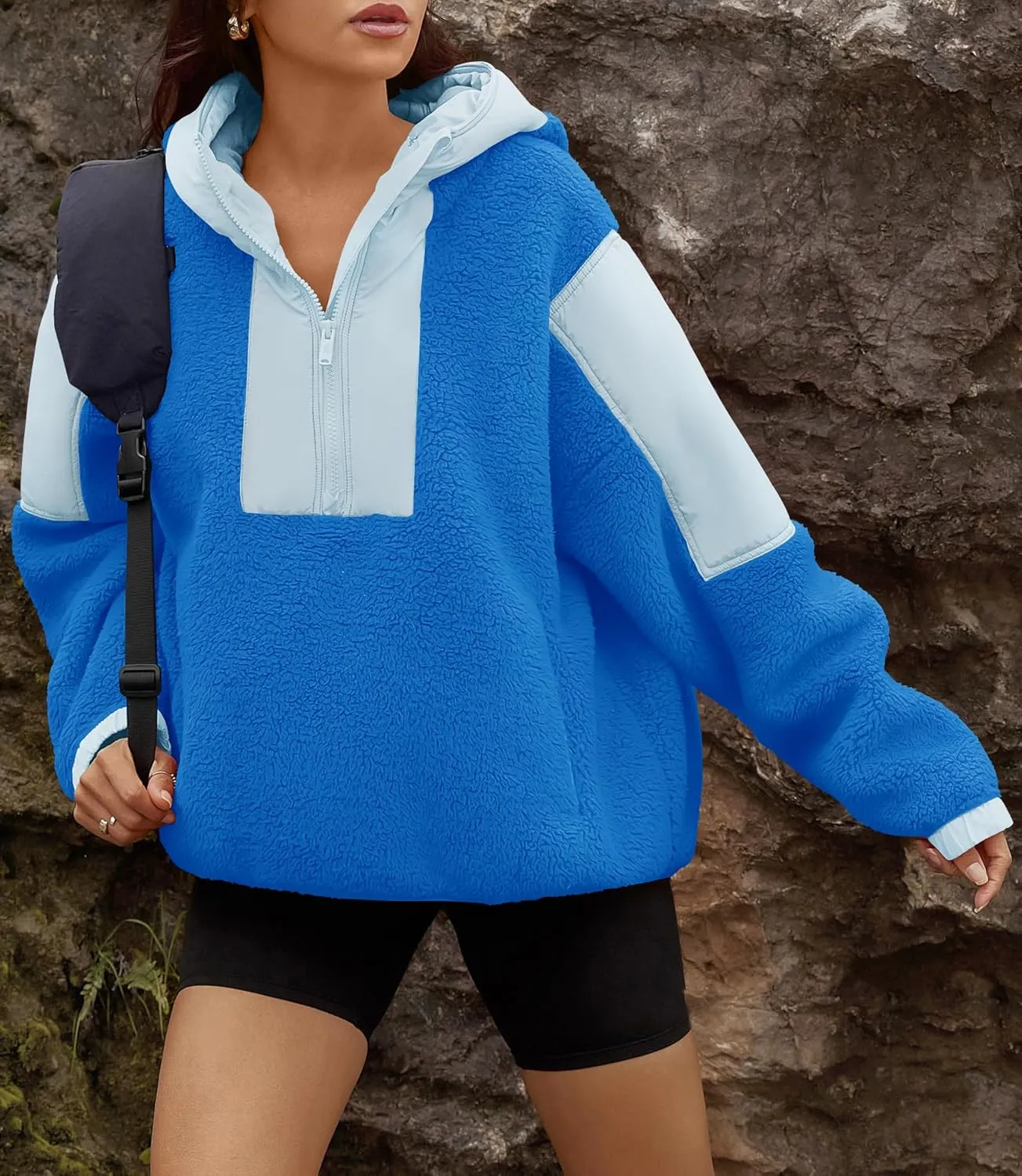 Yanekop Womens Fuzzy Fleece Hoodie Sherpa Sweatshirt Quarter Zip Pullover Long Sleeve Outerwear with Pockets