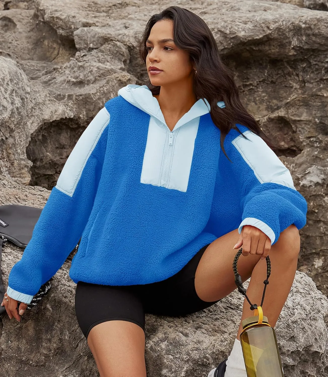 Yanekop Womens Fuzzy Fleece Hoodie Sherpa Sweatshirt Quarter Zip Pullover Long Sleeve Outerwear with Pockets