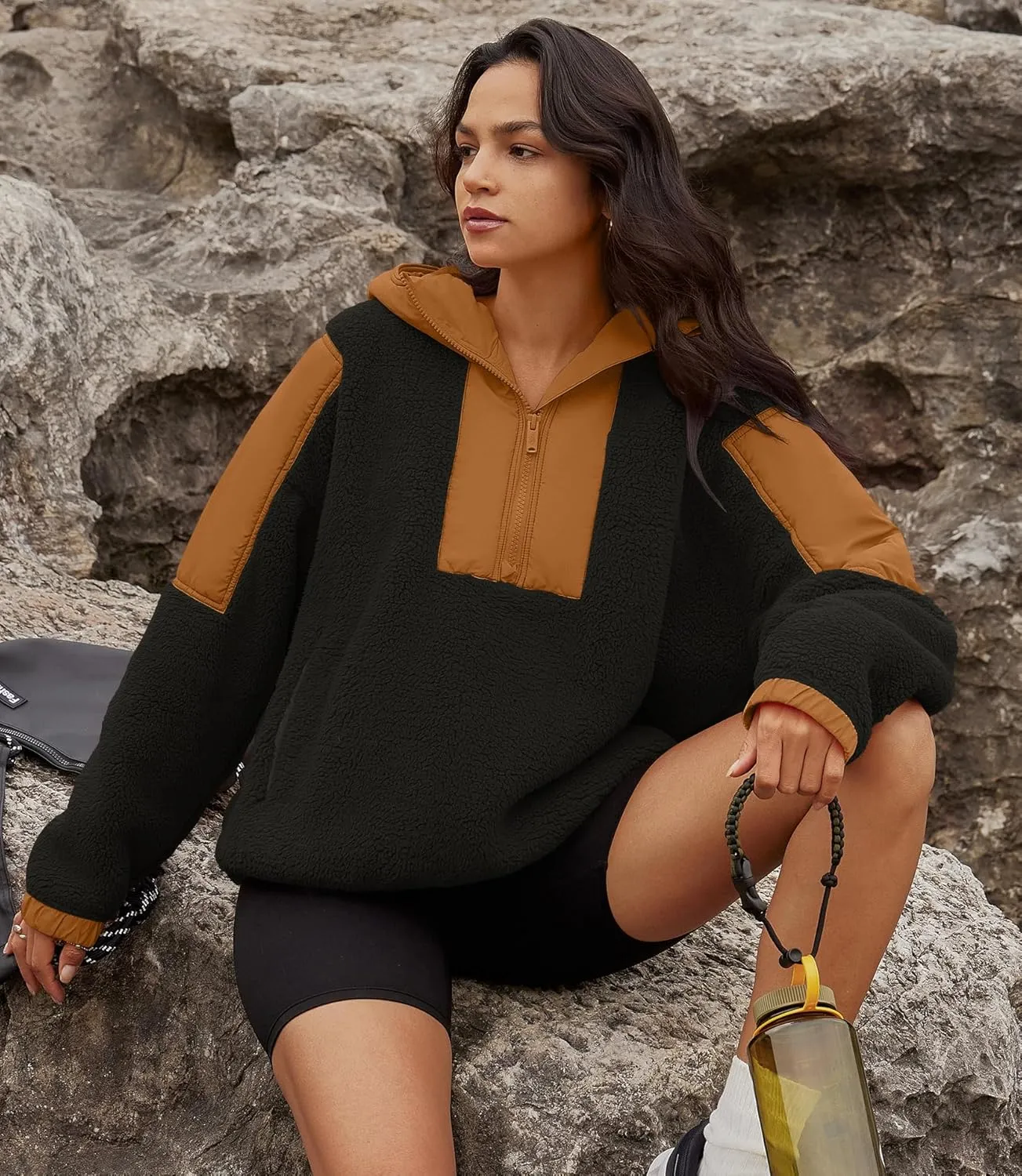 Yanekop Womens Fuzzy Fleece Hoodie Sherpa Sweatshirt Quarter Zip Pullover Long Sleeve Outerwear with Pockets