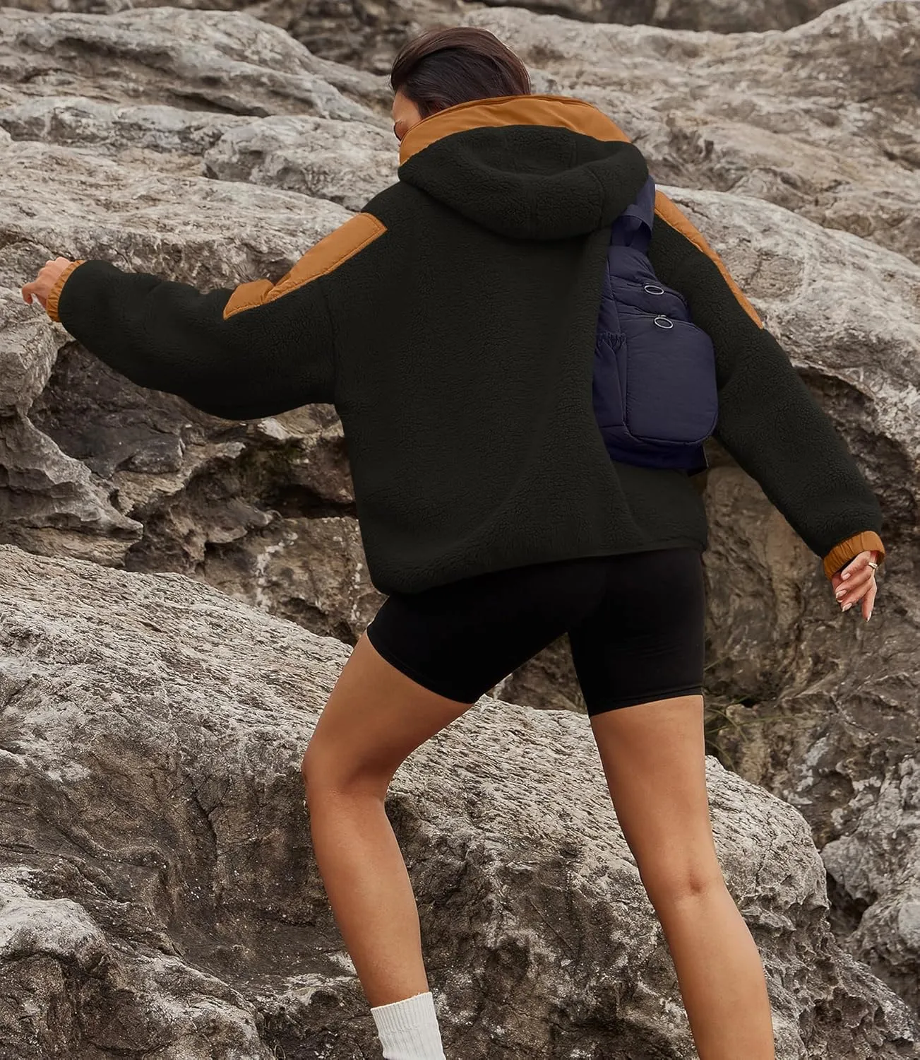 Yanekop Womens Fuzzy Fleece Hoodie Sherpa Sweatshirt Quarter Zip Pullover Long Sleeve Outerwear with Pockets