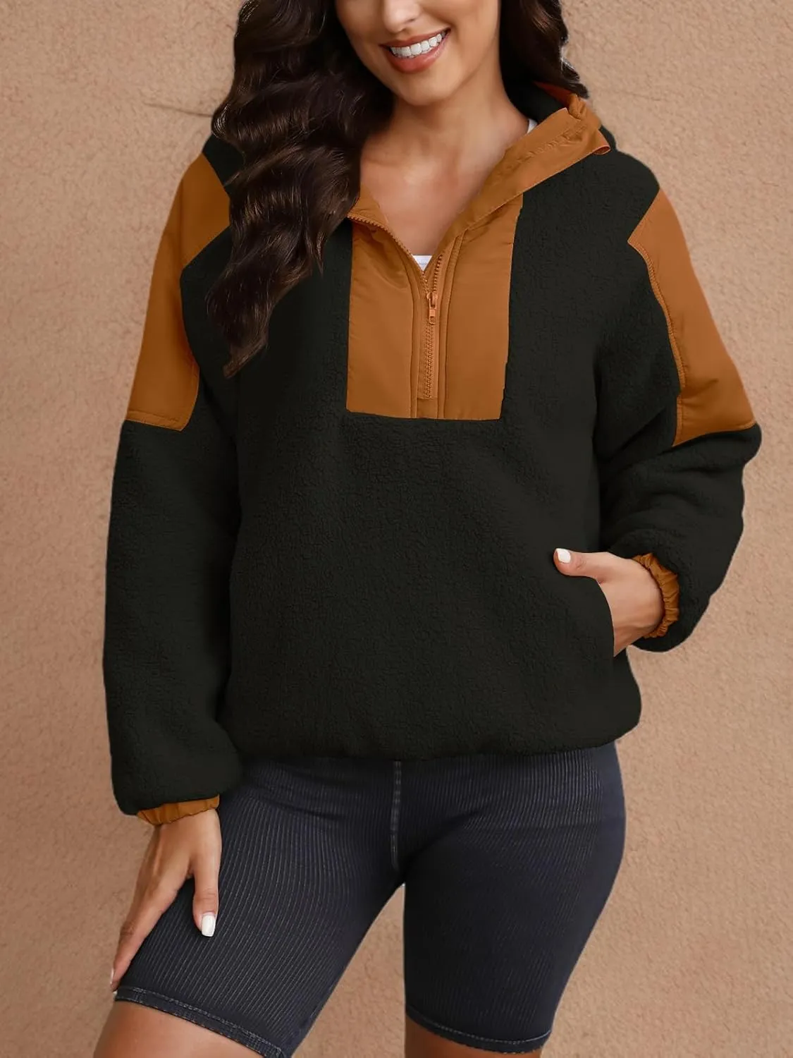 Yanekop Womens Fuzzy Fleece Hoodie Sherpa Sweatshirt Quarter Zip Pullover Long Sleeve Outerwear with Pockets