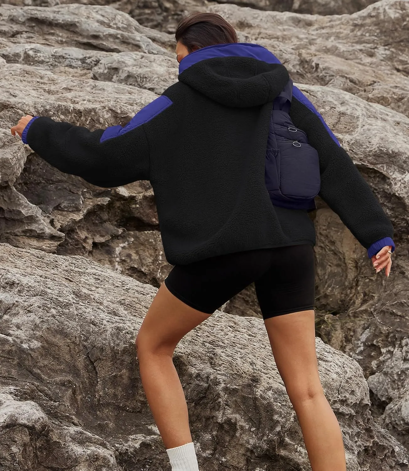 Yanekop Womens Fuzzy Fleece Hoodie Sherpa Sweatshirt Quarter Zip Pullover Long Sleeve Outerwear with Pockets