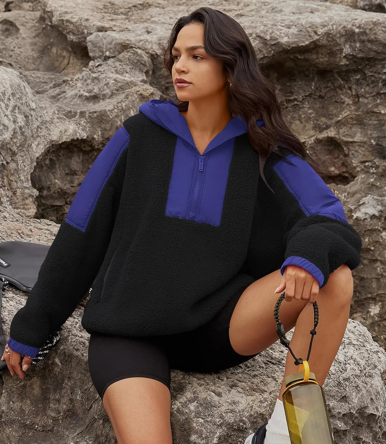 Yanekop Womens Fuzzy Fleece Hoodie Sherpa Sweatshirt Quarter Zip Pullover Long Sleeve Outerwear with Pockets