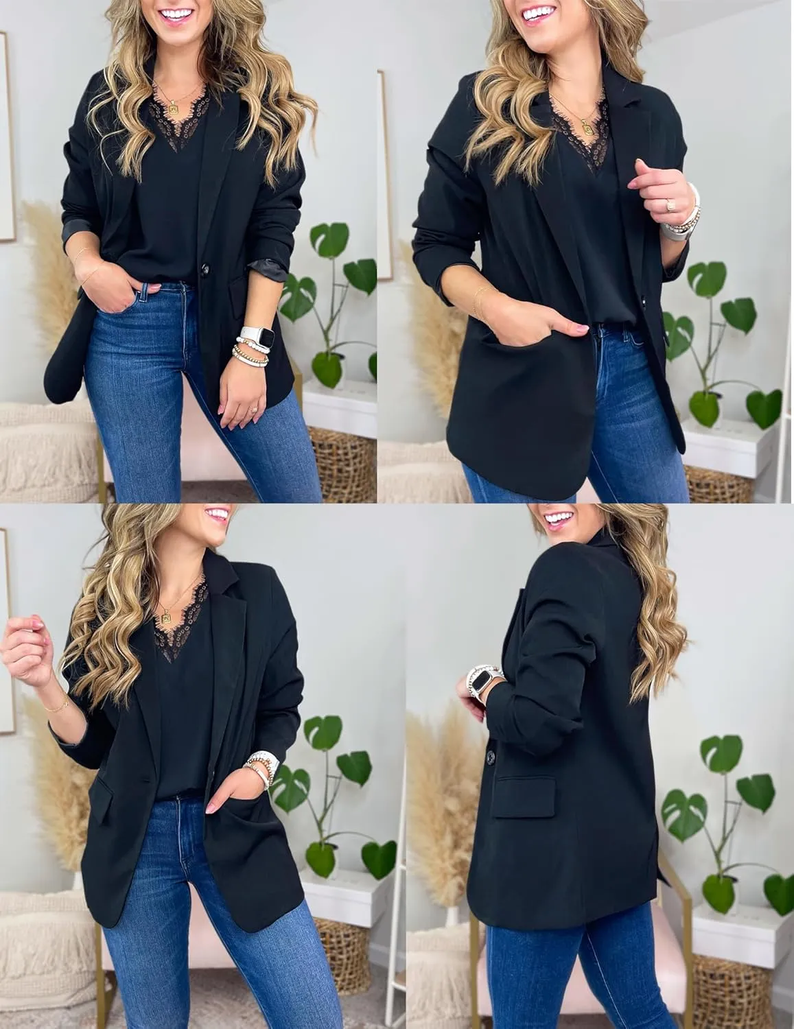 Zeagoo Womens Casual Blazers Pockets Long Sleeve Open Front Work Office Jackets Lapel Button Long Blazer Suit for Bussiness